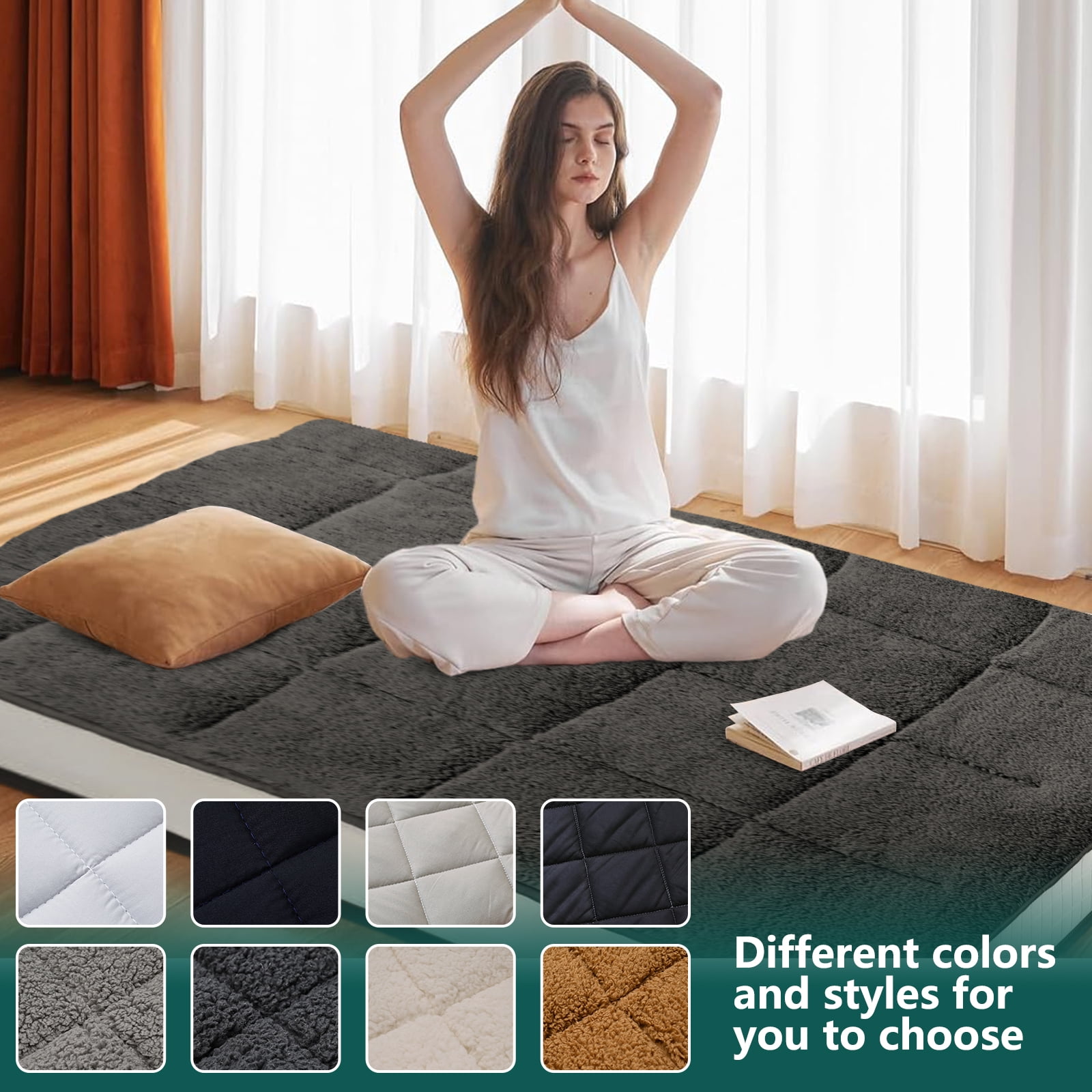 Slsy Sherpa Japanese Floor Mattress, Twin/Full/Queen Size Futon Mattress, 4'' Thicken 2 Sided Tatami Mat, Foldable Tatami Mat Portable Dormitory Sleeping Pad, Roll Up Floor Lounger Bed for Adult Child