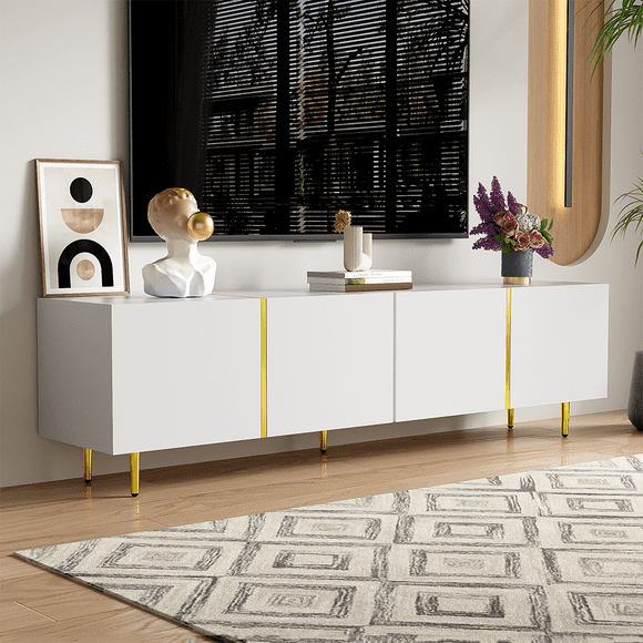 Meuble Télé Rectangulaire Contemporain Blanc Doré de 67 Pieds', Table Console au Style Unique pour Téléviseurs jusqu'à 75 Pieds', Armoire Moderne avec Surface UV à Fini Très Lustré pour Salon
