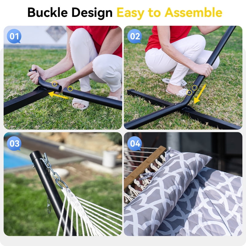 KEESTP 2-Person Cotton Rope Double Hammock with Stand, Removable Polyester Pad, 500LBS Capacity