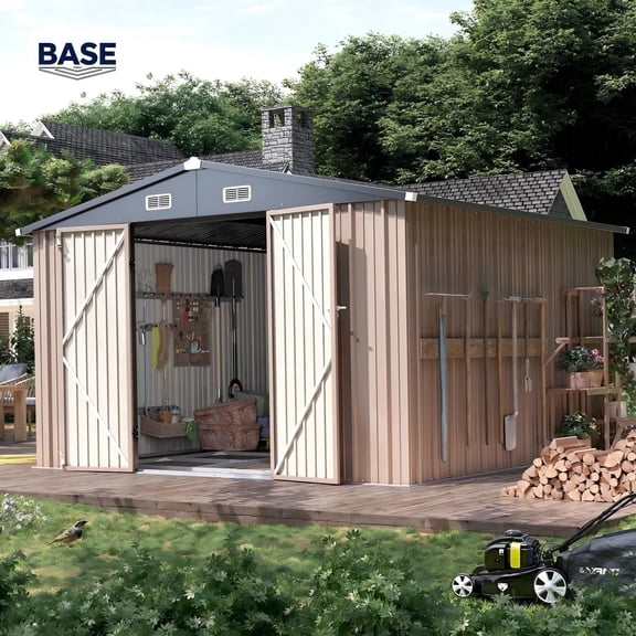 Clouddwell 10x12 ft. Outdoor Storage Shed with Floor Frame, Brown Metal Garden Shed with Double Lockable Doors for Backyard, Patio