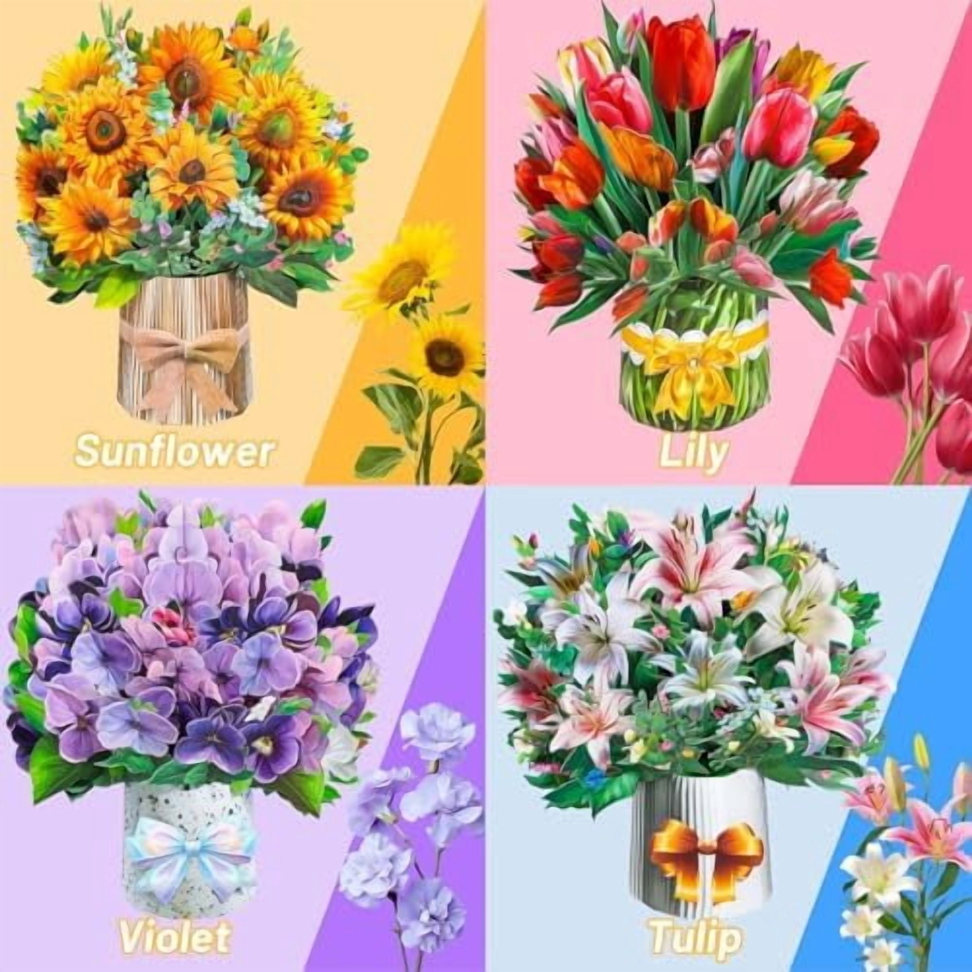 4Pack Paper Flower Cards, Pop Up Flower Bouquet Card Popup Greeting Cards for Mother's Day, Congratulations, Graduation, Anniversary, Birthday, Get Well, Home Decor, Ceramic Flower Vase Style