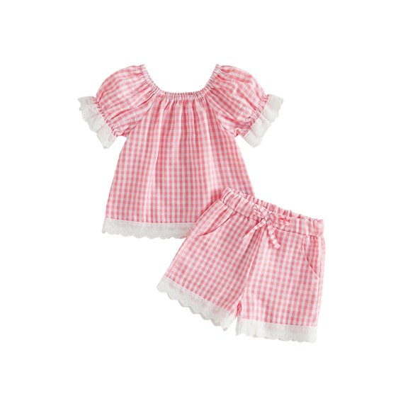 BemeyourBBs Toddler Baby Girl Summer Clothes Cute Infant Baby Girls Plaid Gingham Outfit Shorts Set Lace Trim Short Sleeve Shirt Tops and Pockets Shorts Toddler Girl 2 Piece Summer Outfit