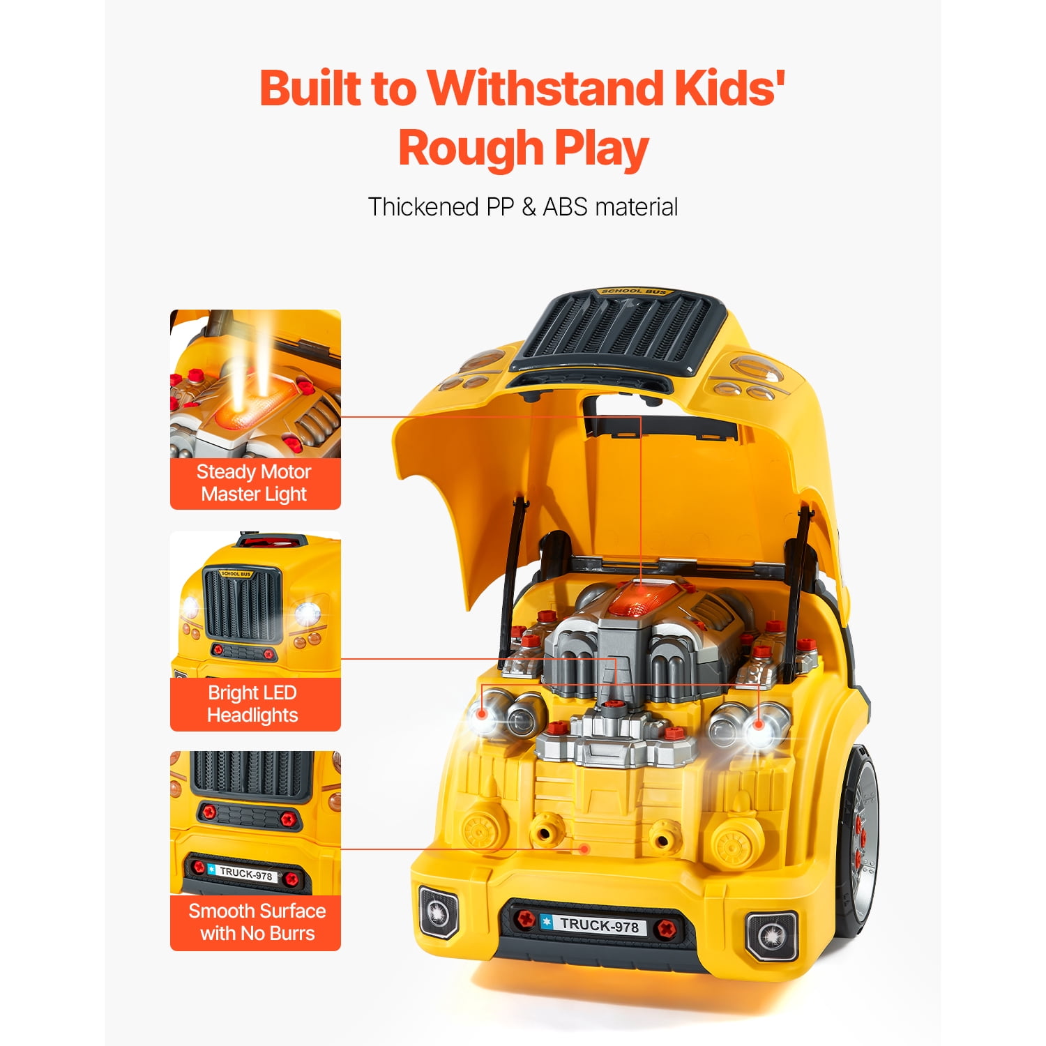 KFFKFF Engine Toy for Kids, 60-Piece Car Repair Playset with Detachable Components, Light and Sound Effects, Steering Wheel and Horn, Workshop Kit for Children Aged 3 and Older, Yellow