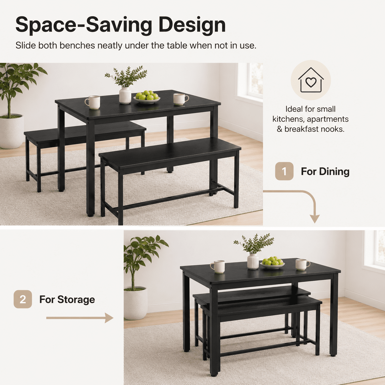 Aukfa Dining Table Set for 4, Rectangular Kitchen Table W/ 2 Benches for Small Space,Black