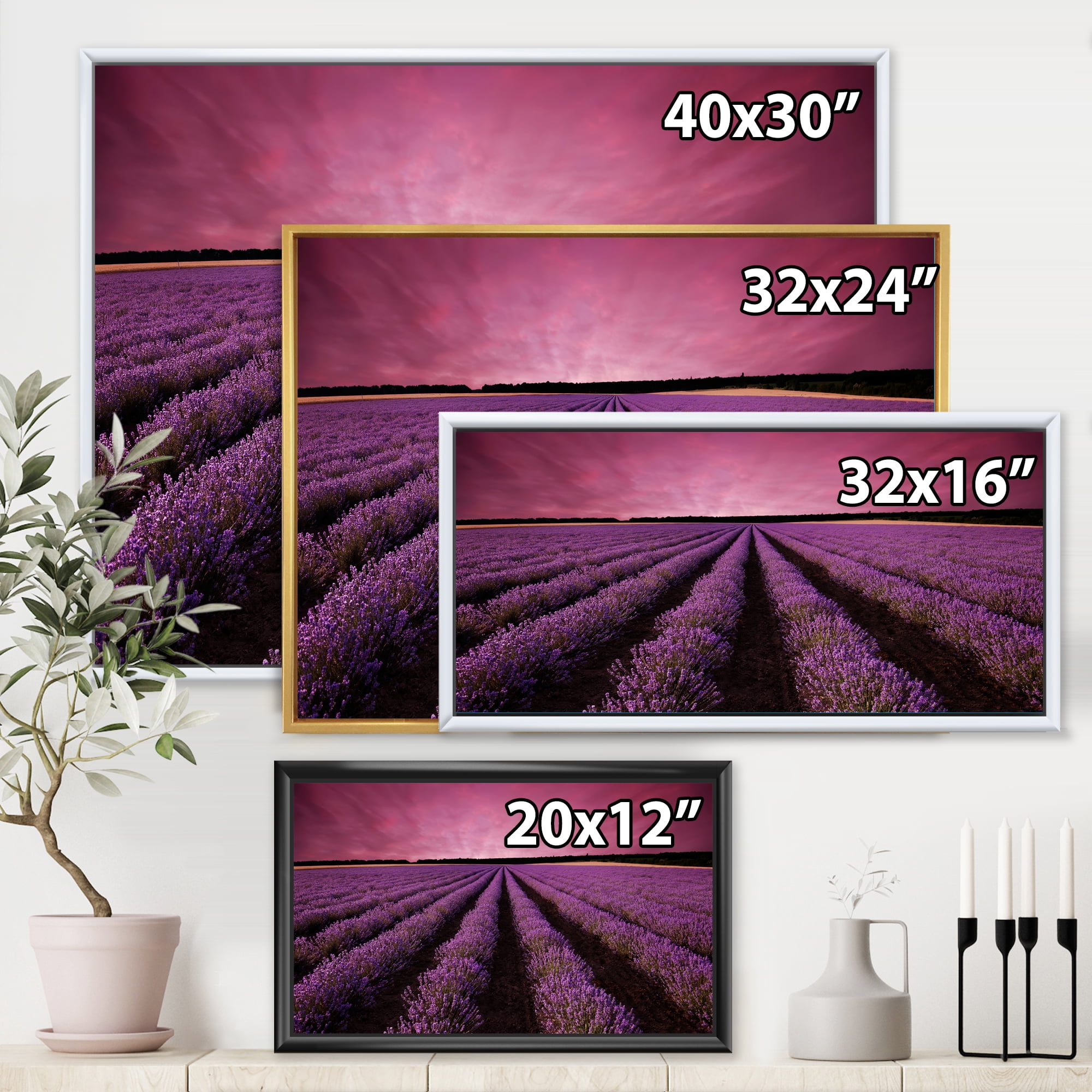 Designart 'Dramatic Clouds and Sunrise Over Lavender Field XI' Farmhouse Framed Canvas Wall Art Print