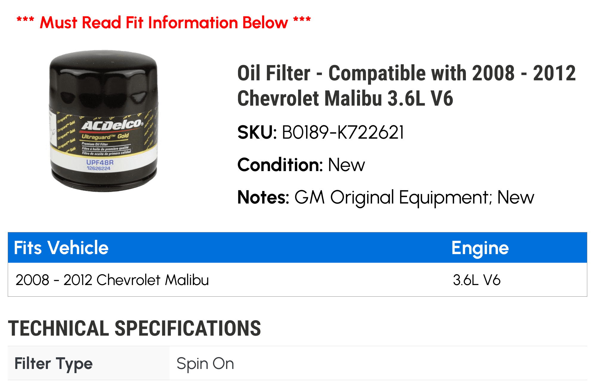 Oil Filter - Compatible with 2008 - 2012 Chevy Malibu 3.6L V6 2009 2010 2011
