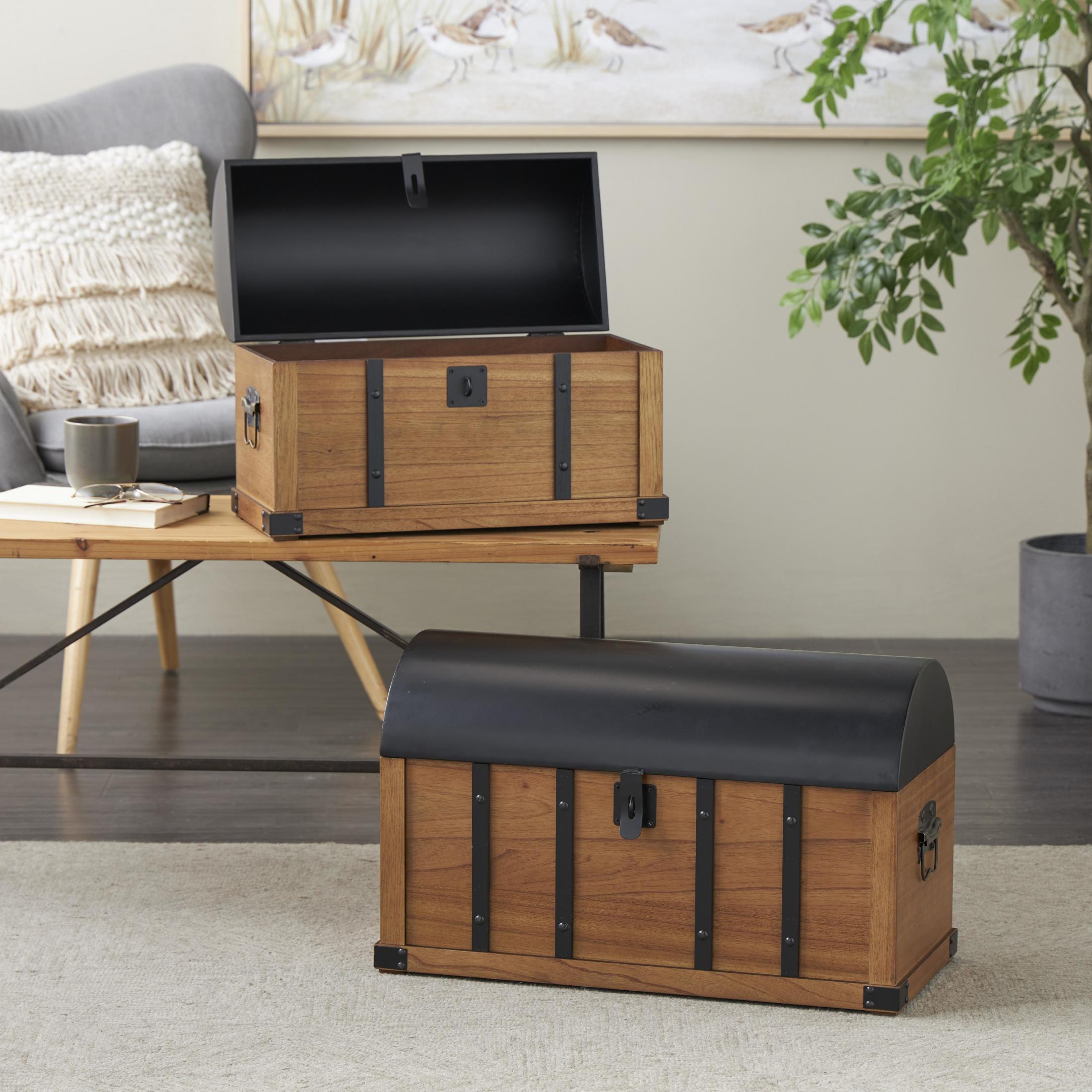 DecMode 24" x 15" Brown Wooden Studded Storage Trunk with Black Metal Arched Tops and Vertical Strips, 2-Pieces