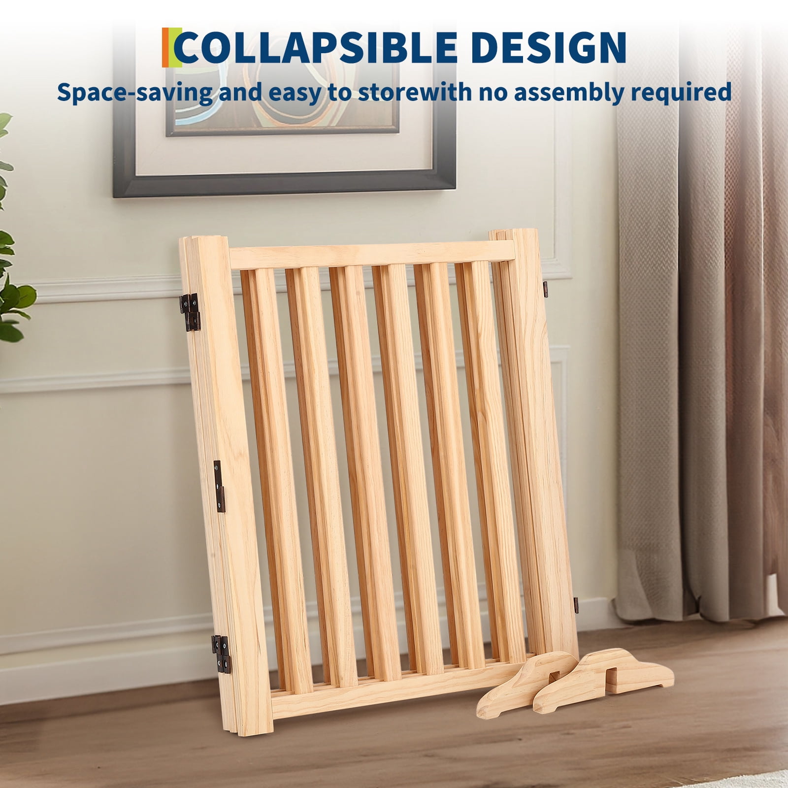 Freestanding Pet Gate, Wooden Dog Fence with 2 Support Feet, Collapsible Dog Gate for Indoor, Stairs, Doorway, Hall, Kitchen, Step-Over Safety Pet Barrier, Paint-Free, 3 Panel H:24"