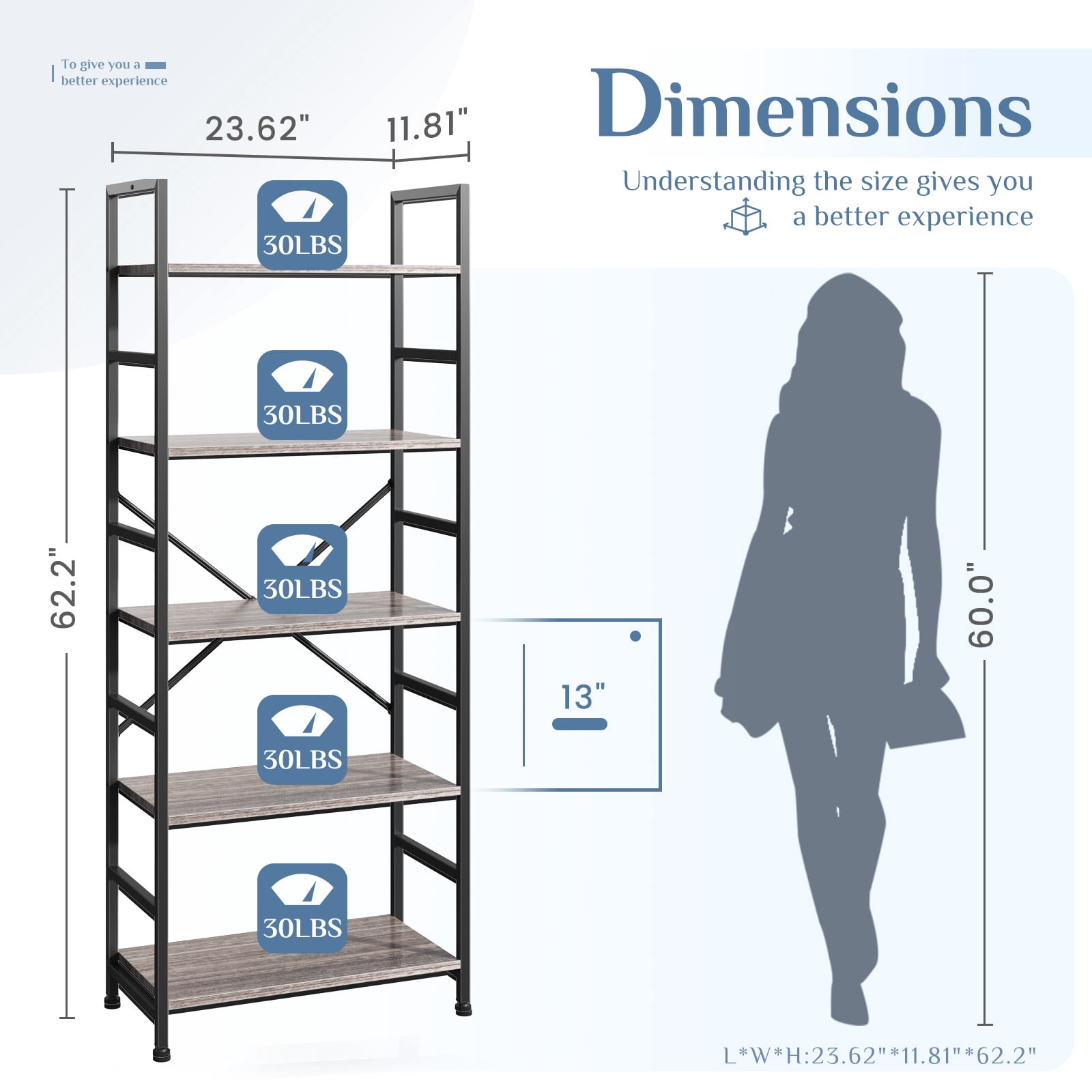 EDX Bookcase, 5 Tier Book Shelf, Storage Shelf, Classic Modern Bookcase for CDs, Movies, Books, Industrial Bookcase for Home Office, Living Room, Kitchen, Bedroom, Wood Gray
