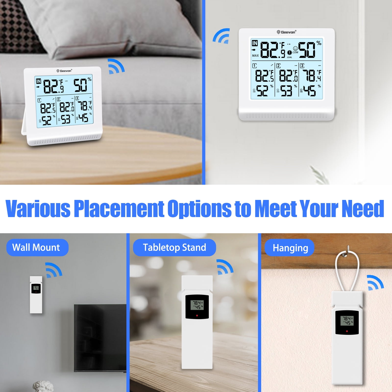 Geevon Indoor Outdoor Thermometer Wireless with 3 Remote Sensors, Wireless Thermohygrometer, Digital Temperature Humidity Meter with Backlight, 200FT/60M Transmission