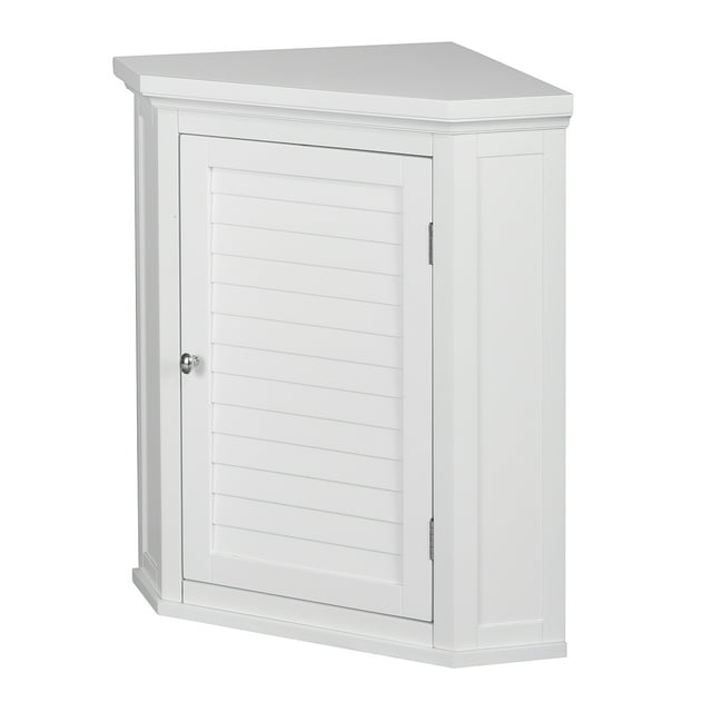 Teamson Home Armoire d'Angle de Salle de Bain à Porte à Persiennes Unité de Rangement en Bois Murale Blanche