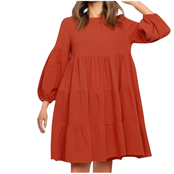 WRKEKC Plus Size Dresses Solid Color Long Sleeve Round Neck Midi Dress for Fall Winter Lantern Sleeve Oversized Fit with Patch Pockets and Back Zip