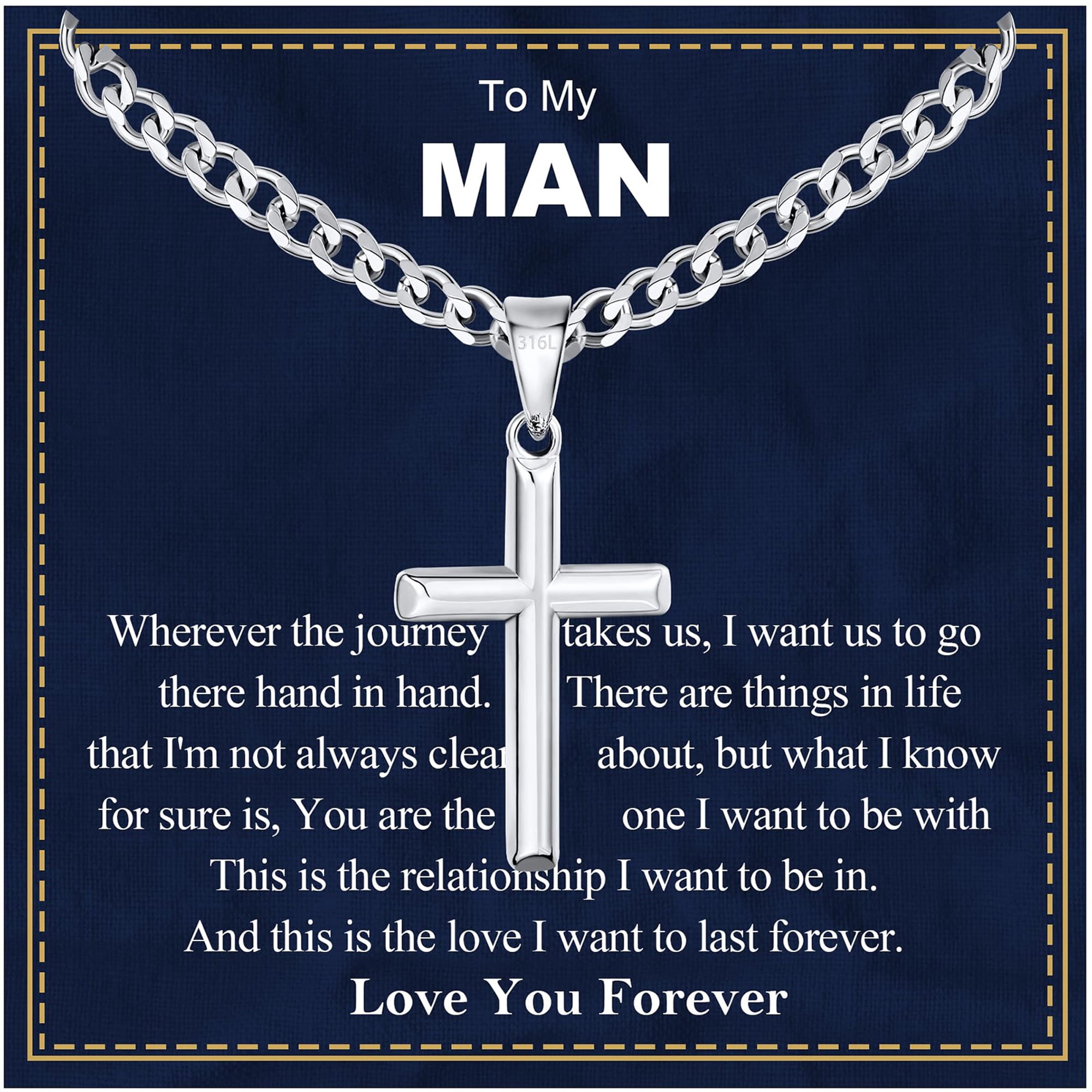 APSVO Silver Cross Necklaces for Men to My Man Gifts from Girlfriend Wife Stainless Steel Cross Pendant Chain Religious Christian Birthday Graduation Fathers Day Jewelry Gifts Him Husband Adults