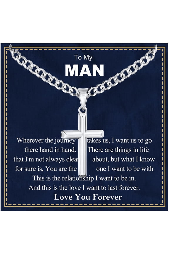 Silver Cross Necklaces for Men to My Man Gifts from Girlfriend Wife Stainless Steel Cross Pendant Chain Religious Christian Birthday Easter Basket Stuffers Jewelry Gifts Him Husband Adults