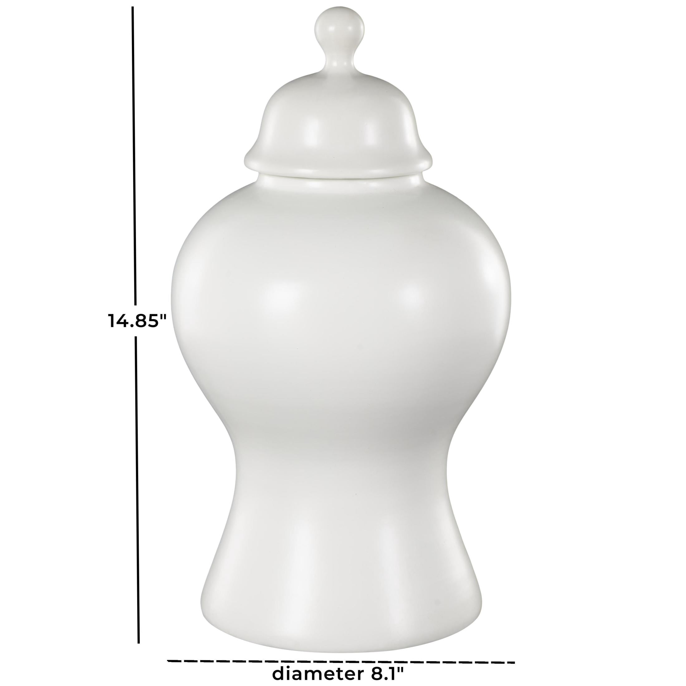 DecMode 8" x 15" White Ceramic Rounded Hourglass Decorative Jars with Lid and Ball Knob, 1-Piece