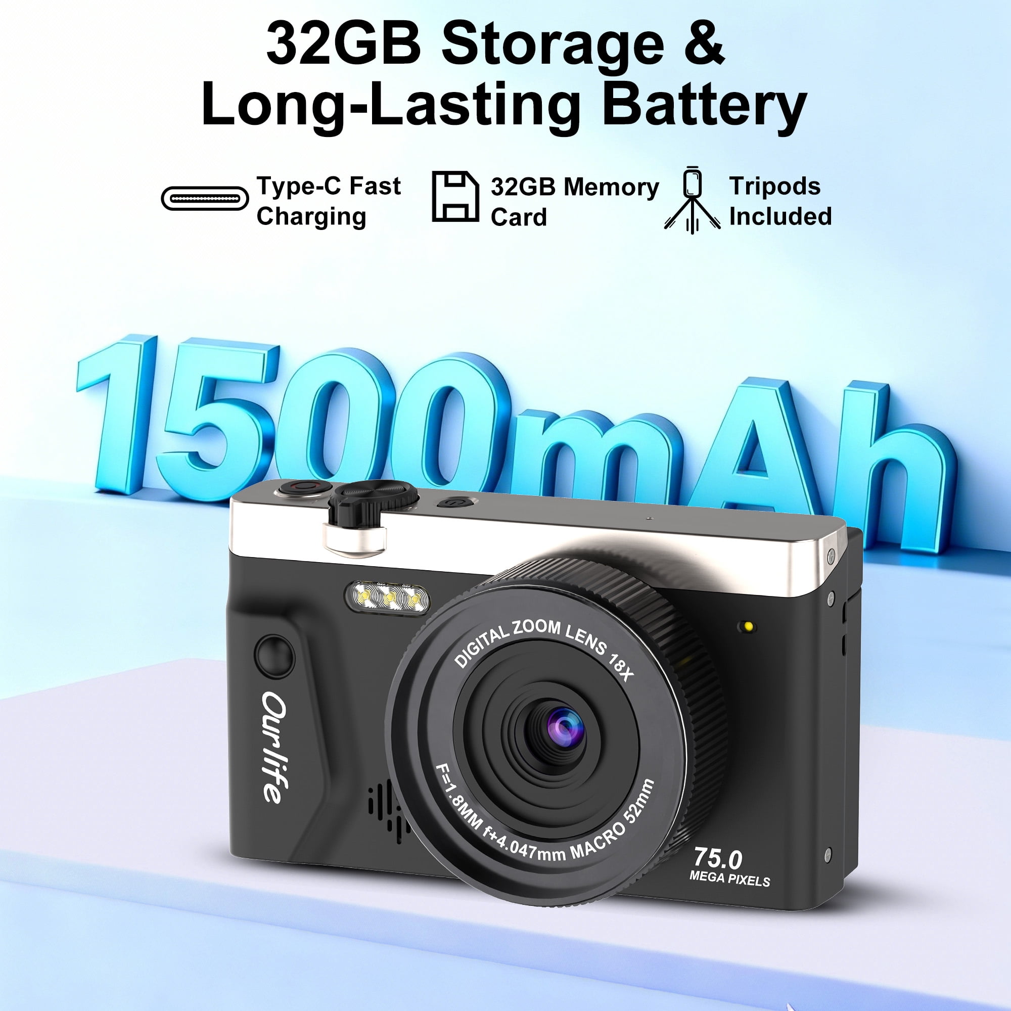 Ourlife 4K Vlogging Camera, 75MP Autofocus Compact Camera with Flip Screen, 18X Zoom, WiFi, Tripod & 32GB Card, Black