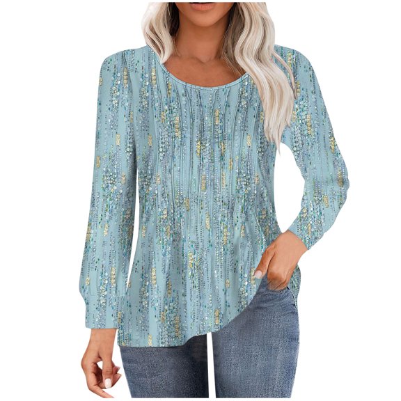 miqiqism Women Casual Crewneck Blouses Trendy Pleated Tunic Sweatshirts Juniors Vintage Floral Printed Flowy Shirts Teen Girls Long Sleeves Clothes,Blue,XX-Large