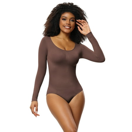 Deep V Neck Short Sleeve Long Sleeve Top Bodysuit Women s  Tummy Lifting Hip Shaping Bodysuit - Brown
