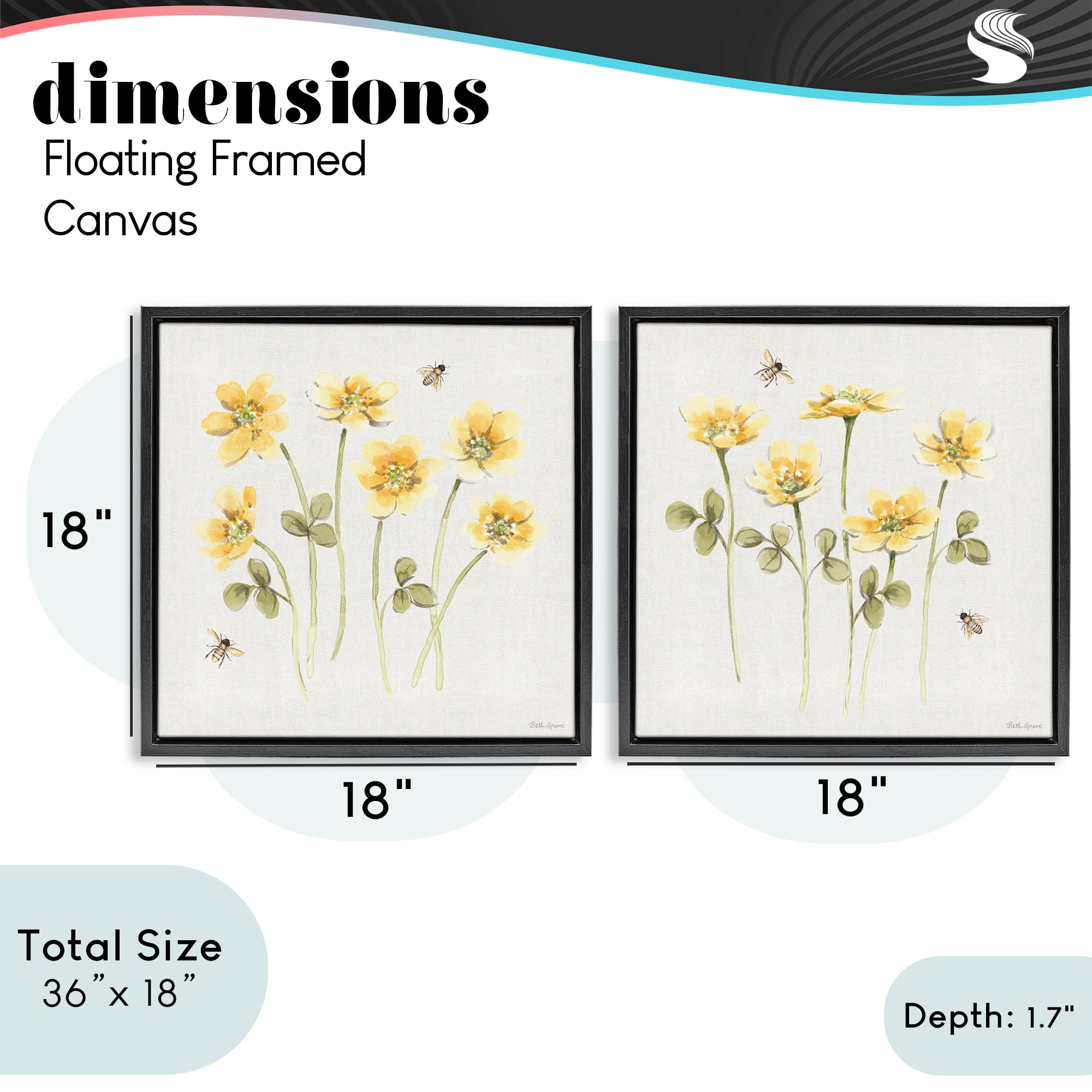 Stupell Industries Sweet Honey Flowers & Bees 2 Piece Black Framed Floater Canvas Set, design by Beth Grove