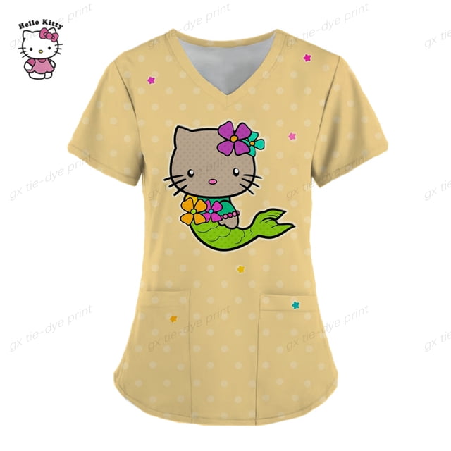 Ropa de mujer, camiseta de verano, camisetas de Hello Kitty, camiseta con cuello en V, camisetas con bolsillos, uniforme de enfermera, camisetas de Hospital, camisetas para mujer 2023
