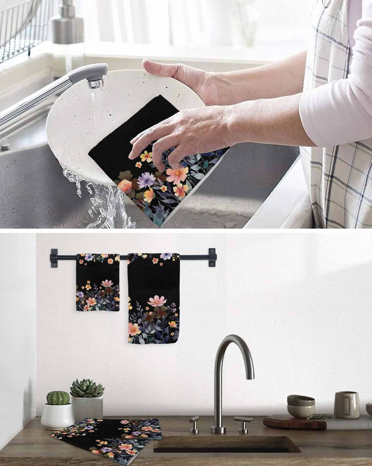 Black Spring Floral Kitchen Dish Towels for Drying Dishes Set of 4, Elegant Flowers Farmhouse Botanical Waffle Weave Microfiber Hand Tea Bathroom Towels Quick Dry & Absorbent Towel 12x12