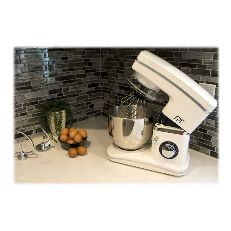 SPT MM-106W Stand Mixer, 5.5-Quart Bowl, 750W Motor, 8 Speeds – Includes Whisk, Dough Hook, Beater (White)