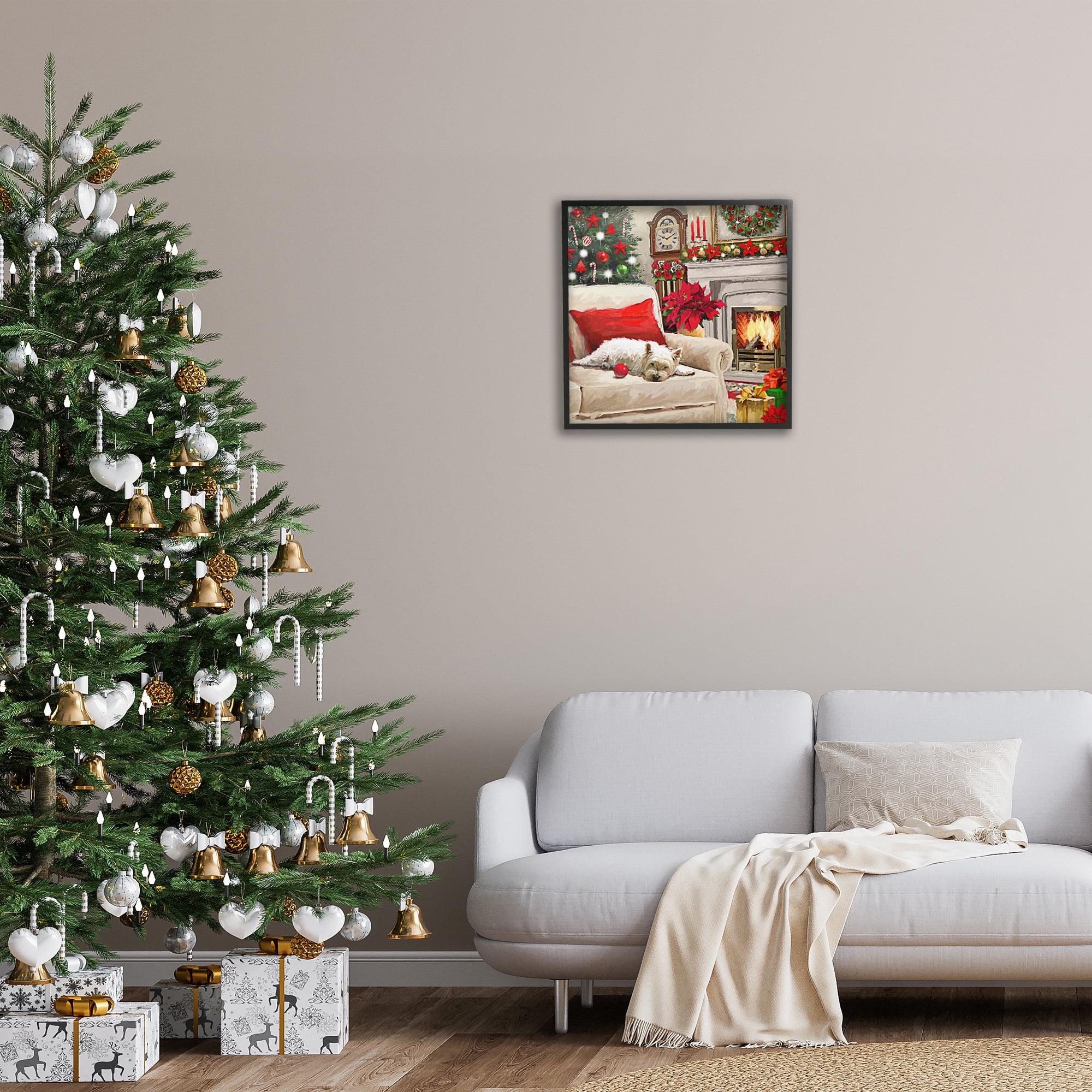 Stupell Industries Cozy Dog by Holiday Mantle Holiday Painting Black Framed Art Print Wall Art, 24 x 24