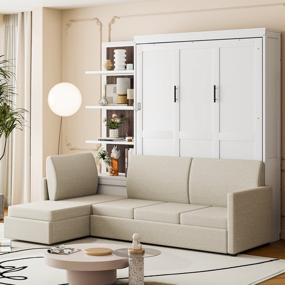Harper & Bright Designs Queen Size Murphy Bed with Sofa, Wooden Queen Cabinet Bed Wall Bed with Shelves, Folding Wall Chest Bed for Guest Room Office, White