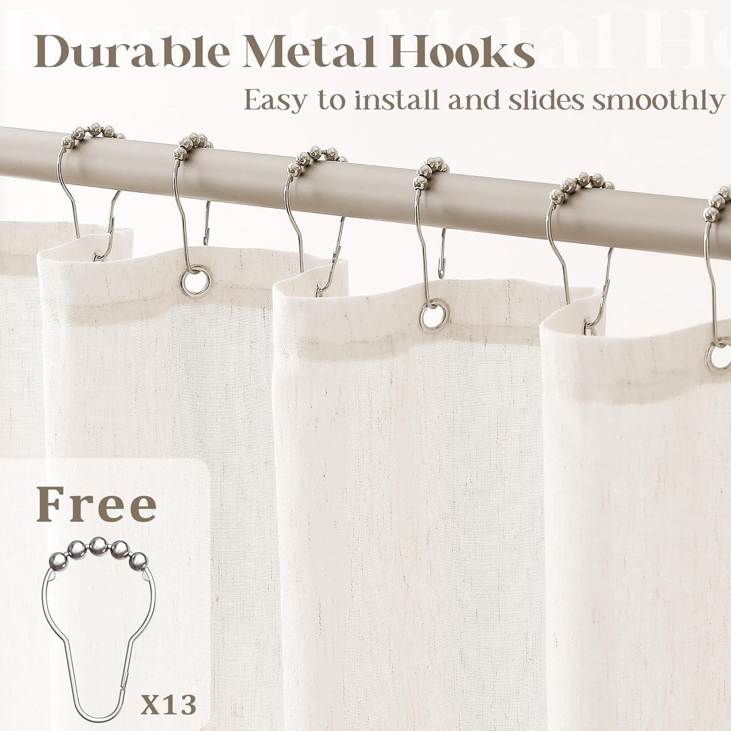 Cream Linen Shower Curtain 80 Inches Long Cloth Fabric Shower Curtain for Bathroom Neutral Hotel Bathtub Luxury Water Repellent Extra Long 80 Inch Drapes Set with Hooks Ivory Birch, 72x80