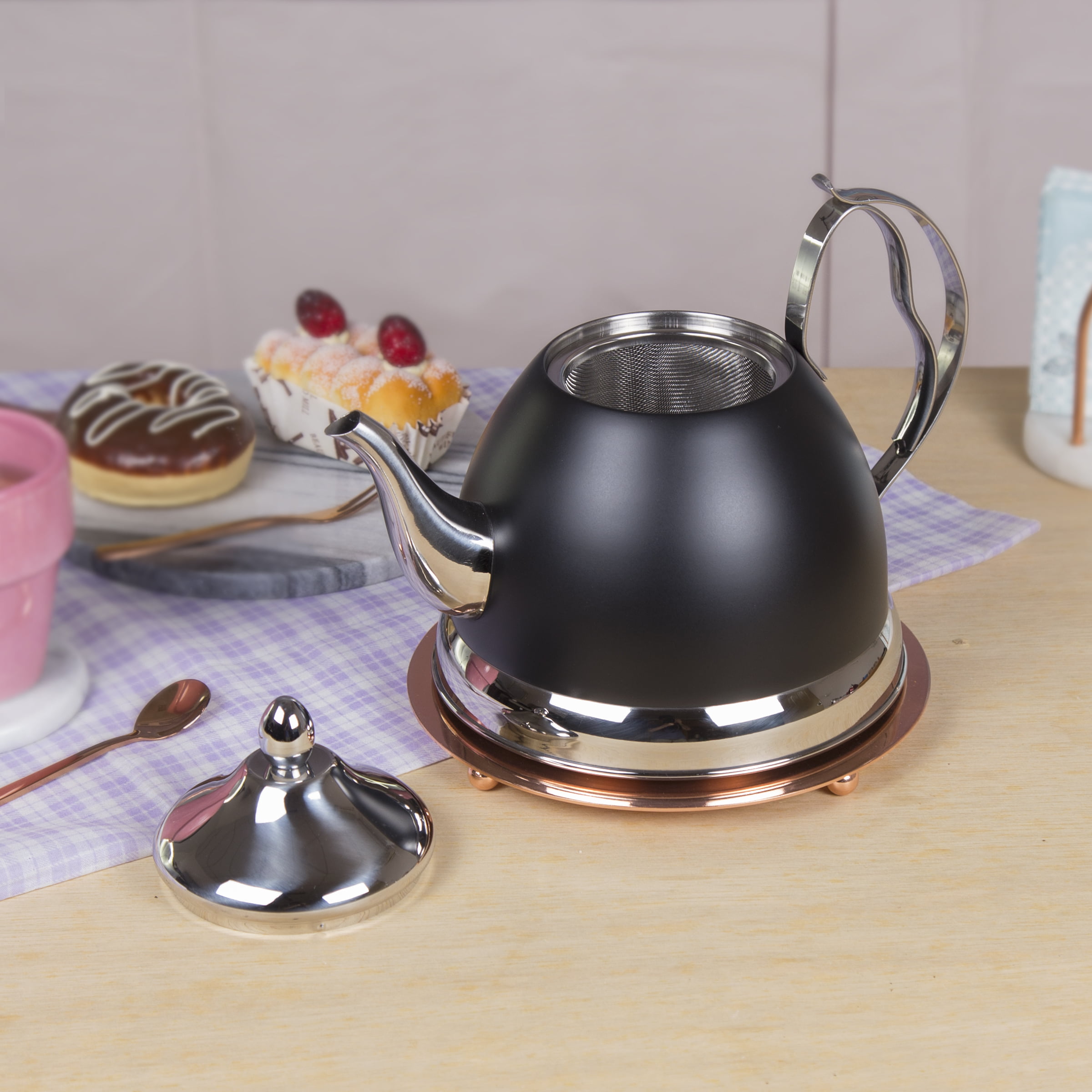 Creative Home Nobili-Tea 2.0 Quart Stainless Steel Tea Kettle Tea Pot with  Removable Infuser Basket, Opaque Black Color - Bed Bath & Beyond - 10668093