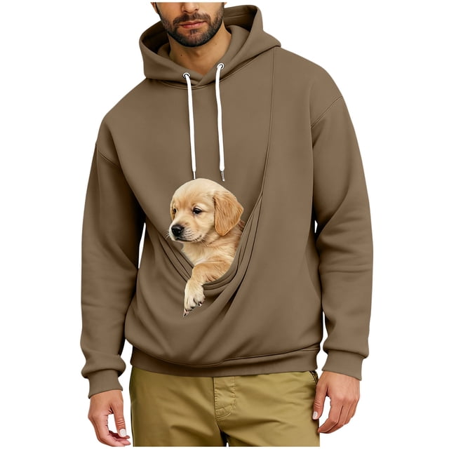 Ceisia Pet Carrier Hoodie Long-Sleeve for Men with Cotton Fabric Solid Color Drawstring Dogs Cats Pockets Brown XXXXXL Gift
