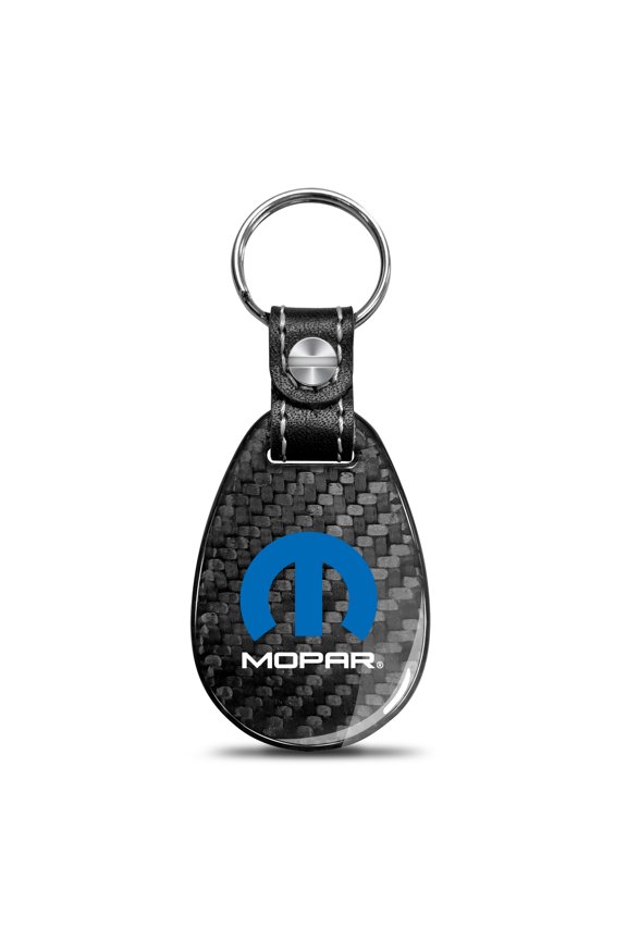 Mopar Logo Real Black Carbon Fiber with Leather Strap Large Tear Drop Key Chain
