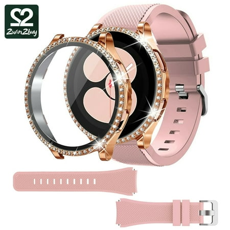 2win2buy [1+1] Case & Band Compatible with Samsung Galaxy Watch 4 Case for 44MM, Bling Case with Crystal Diamonds Protective Cover Bumper + Soft Silicone Sport Wristbands Replacement Strap
