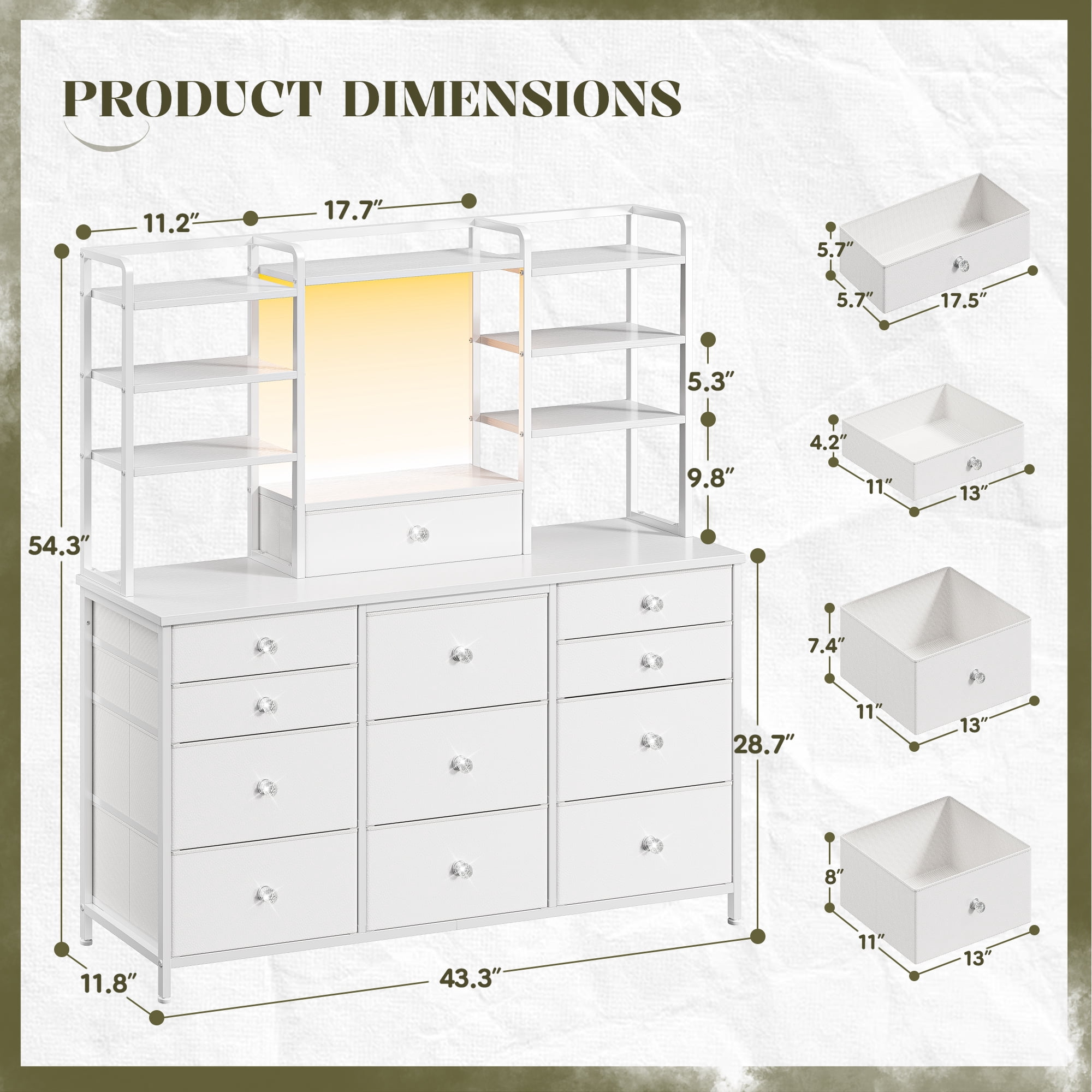 EnHomee Fabric Dresser for Bedroom with LED Lights Vanity Dressing Table with 12 Drawers & Open Shelves，White