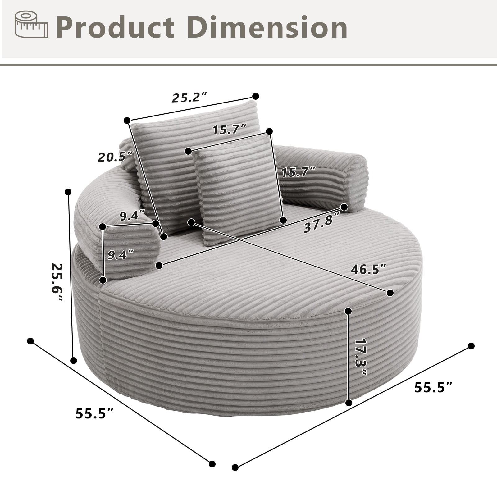 Miniyam 55.5" W Round Oversized Chaise Lounge Indoor for Living Room, Cloud Couch with 3 Pillows, No Assembly Required, Grey