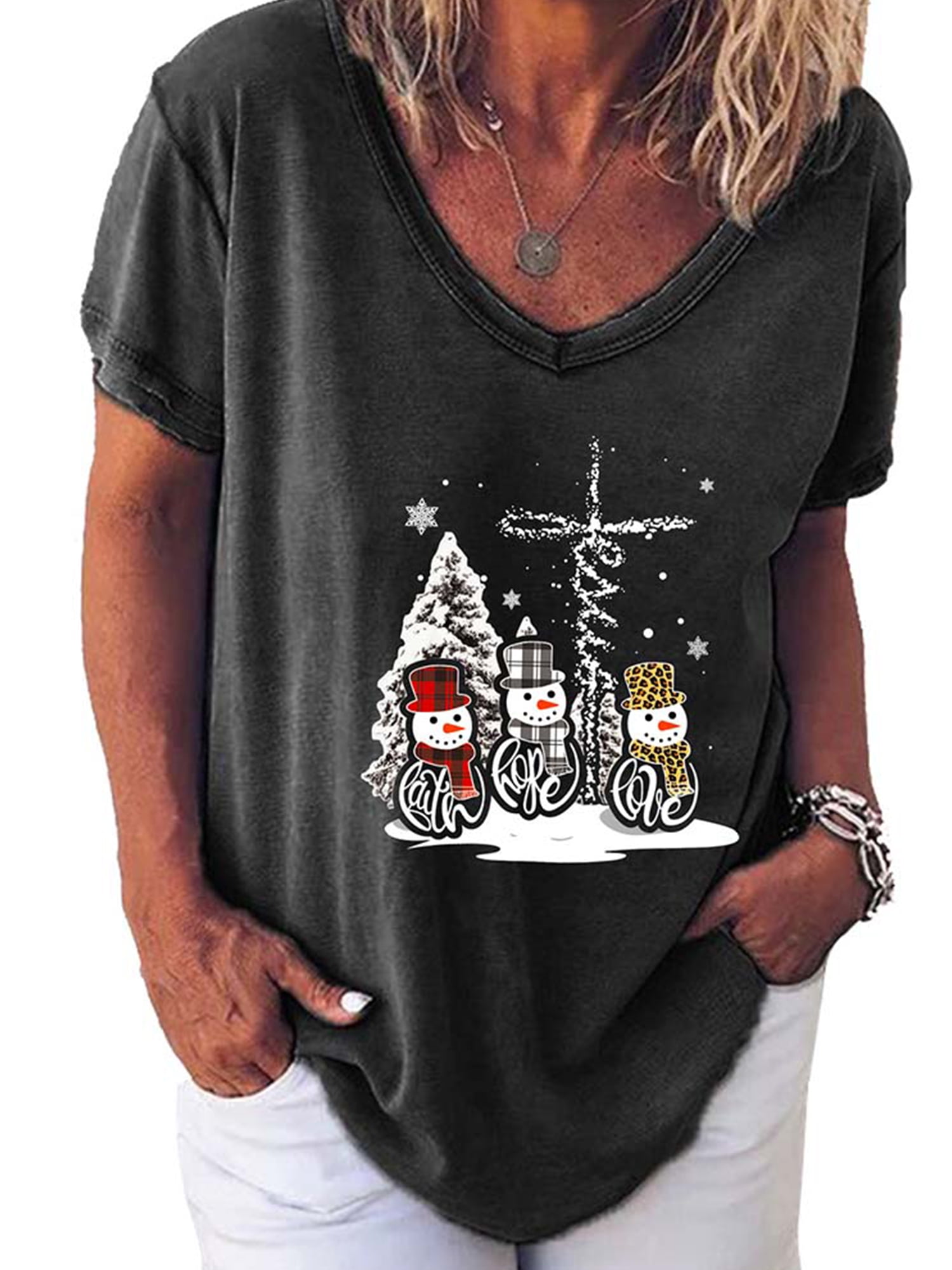 V Neck Snowman Short Sleeve Loose Shirt 