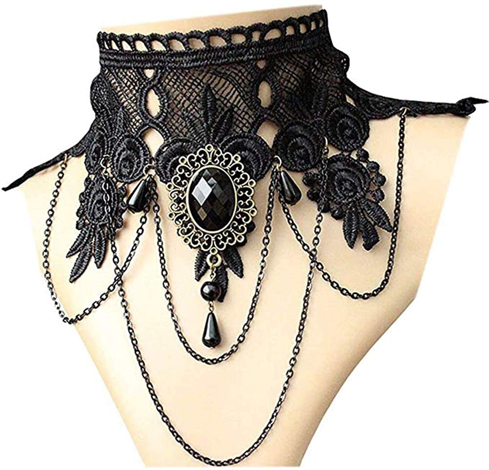 JOERICA Gothic Jewelry Black Lace Choker Necklace with Spidder Bracelet and Bat Earrings Set Red Rhinestone Halloween Vampire Costume Accessories for Women Punk Party 