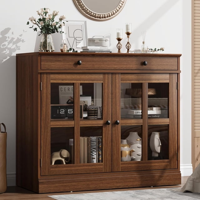 Bingirl 35.4-Inch Modern Walnut Sideboard Buffet Cabinet with Glass Door, Drawer and Storage for Dining Room and Kitchen
