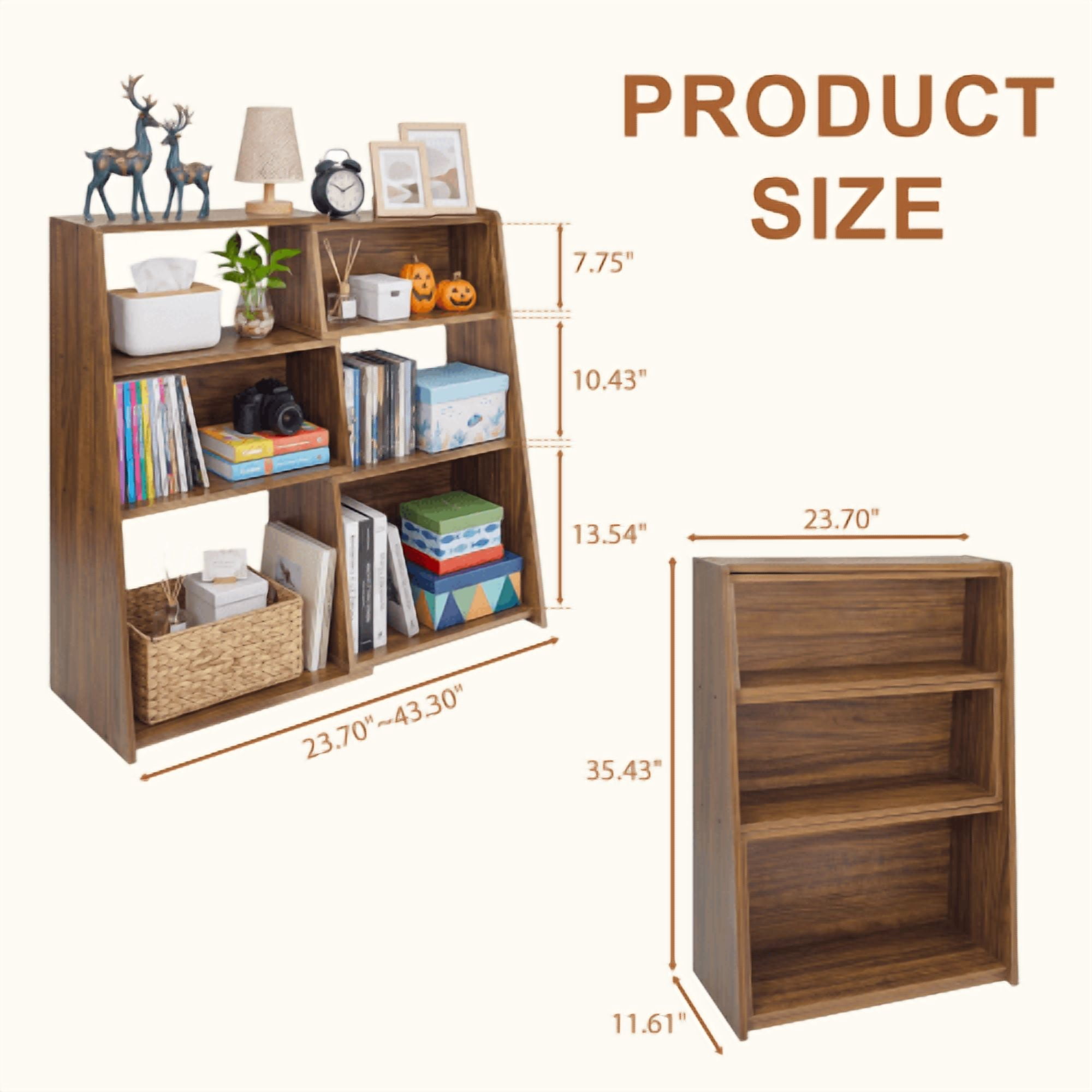 3-in-1 Convertible Extendable Ladder Bookshelf, 3-Tier Walnut Wood Bookcase with 6 Open Cubbies, Space-Saving Corner Shelf for Living Room, Study, Bedroom