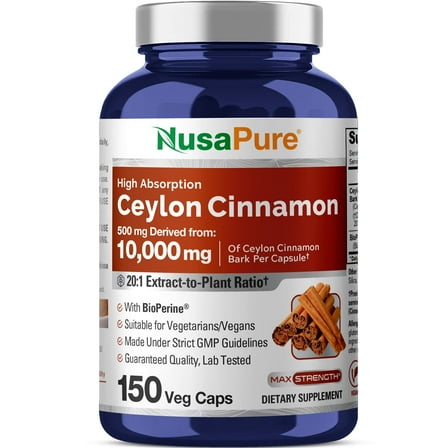 NusaPure Ceylon Cinnamon 10,000mg Per Caps | 150 Veggie Capsules | Non-GMO, Gluten-Free, Vegan with Bioperine