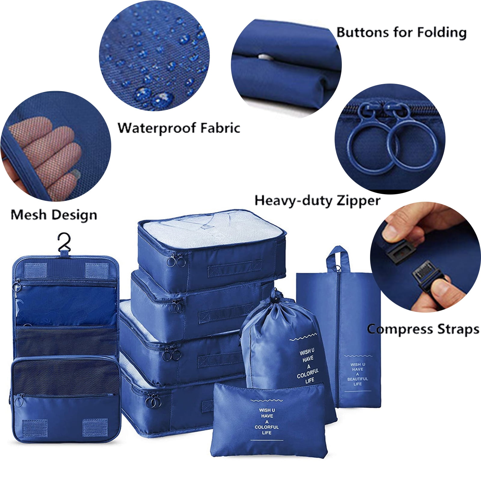 8PCS Travel Storage Pouch Set Luggage Travel Bag Kit Clothing Sorting  Storage Bag Set Multi-purpose Travel Clothes Packing Pouch Set Practical  Suitcase Packing Bags Kit for Travel Use Navy Blue 