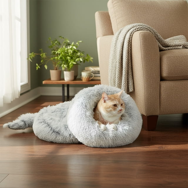 Cama Tipo Saco de Dormir Gris Cálido para Gatos y Perros Pequeños | Ideal para Otoño/Invierno | Material Resistente | Lavable | 55 X 50 Cm