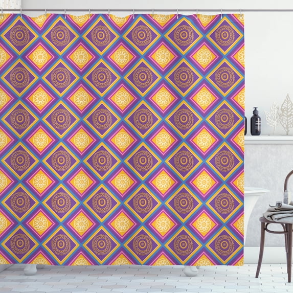 Colorful Shower Curtain, Ethnic Asian Mosaic with Traditional Cultural Motifs Diagonal Squares Rhombus Tile, Fabric Bathroom Set with Hooks, 69W X 84L Inches Extra Long, Multicolor, by Ambesonne
