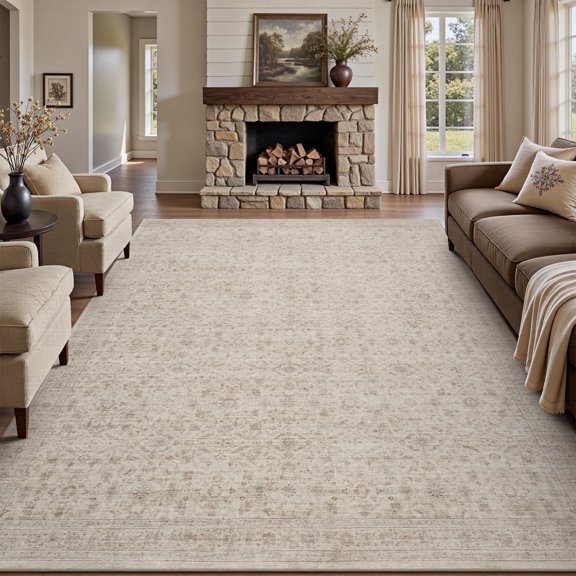 SIXHOME 8'x10' Vintage Distressed Area Rug Soft Washable Non-Slip Carpet American Classic Retro Rug with Geometric Rugs for Living Room Bedroom Neutral Home Decor Beige
