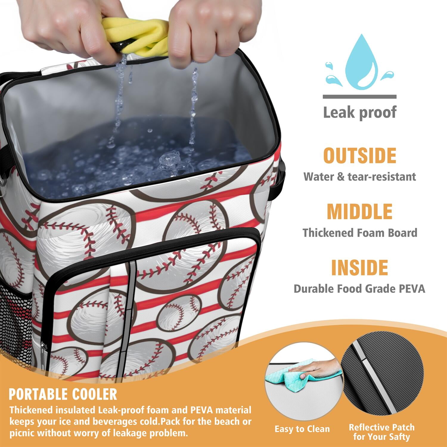 Travel Cooler Bag - Red and White Striped Baseballs Pattern Camping Beer Cooler Backpack with Bottle Opener- Waterproof Insulated Picnic Backpacks - Cooler Bag for Beach