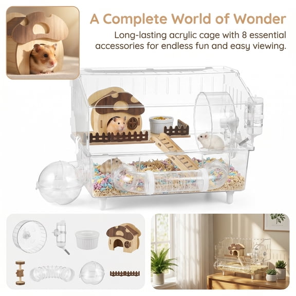 Aemutady Hamster Rat Cage 8-in-1, Clear Acrylic House, 17.72x12.20x7.09in