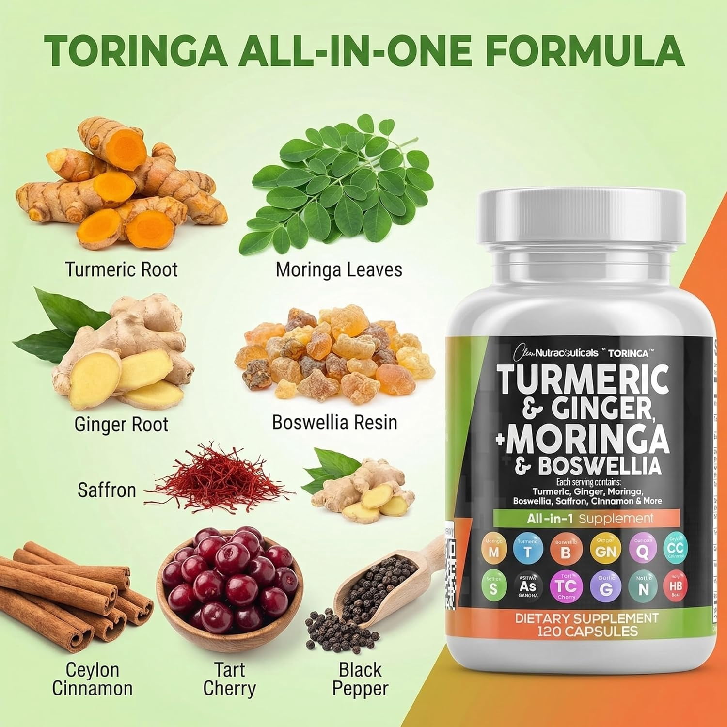 Clean Nutraceuticals Turmeric Moringa Supplement | Ginger Boswellia Saffron - Supplement for Women and Men with Ceylon Cinnamon, Tart Cherry, Quercetin Garlic Nettle Holy Basil - 1Pack