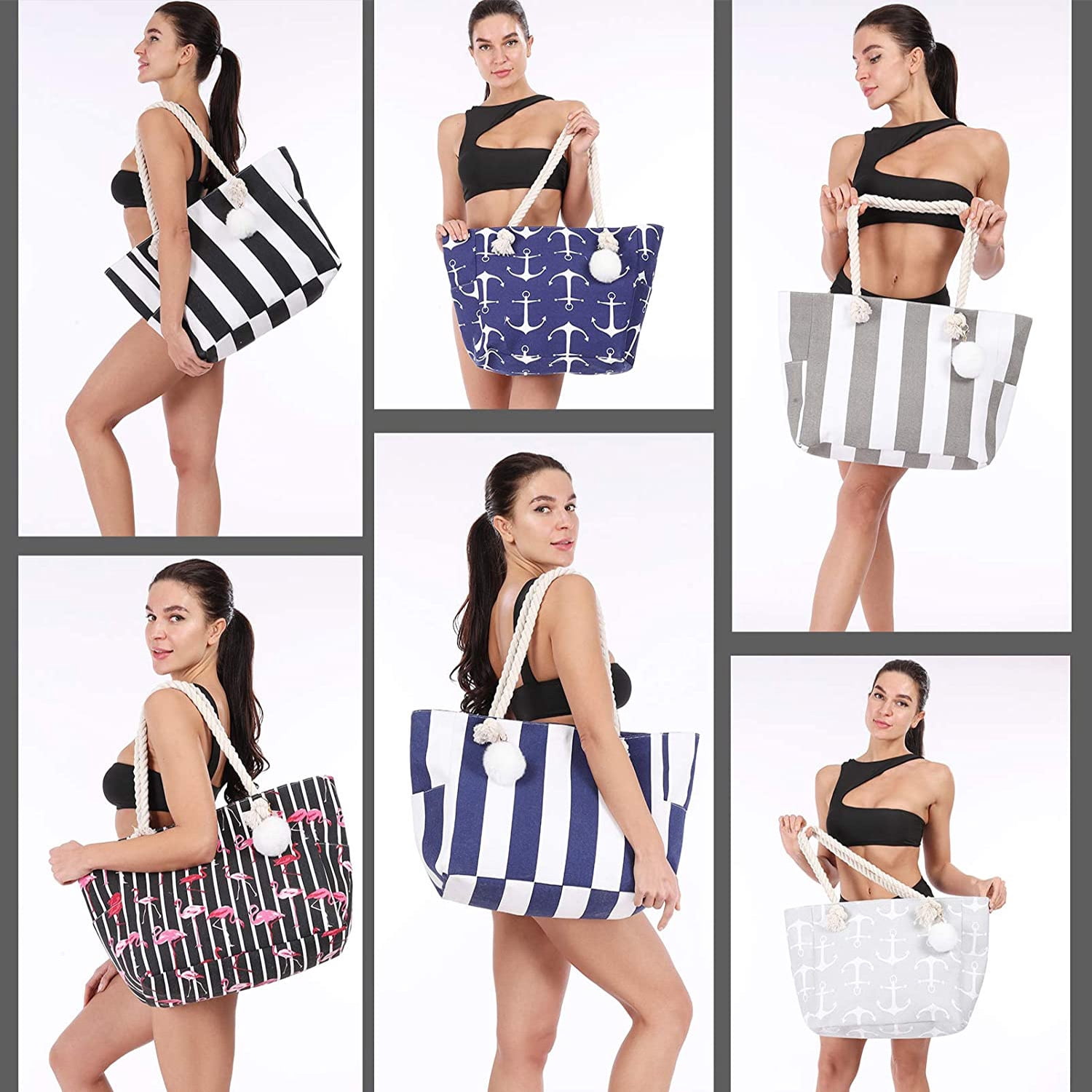 Extra Large Beach Bags Totes Women Waterproof Sandproof Big Tote Bag with Zipper Inner Pockets Rope Handle Canvas with Zip Closure Swim Pool Gym Picnic Travel Weekend Accessorie Flamingo Handbag Gifts