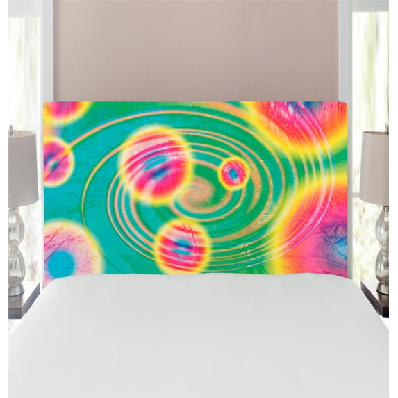 Psychedelic Headboard, Outer Space Theme Retro Dreamy Image Hippie Style Reflection in Water Print, Upholstered Decorative Metal Bed Headboard with Memory Foam, Twin Size, Green Yellow, by Ambesonne