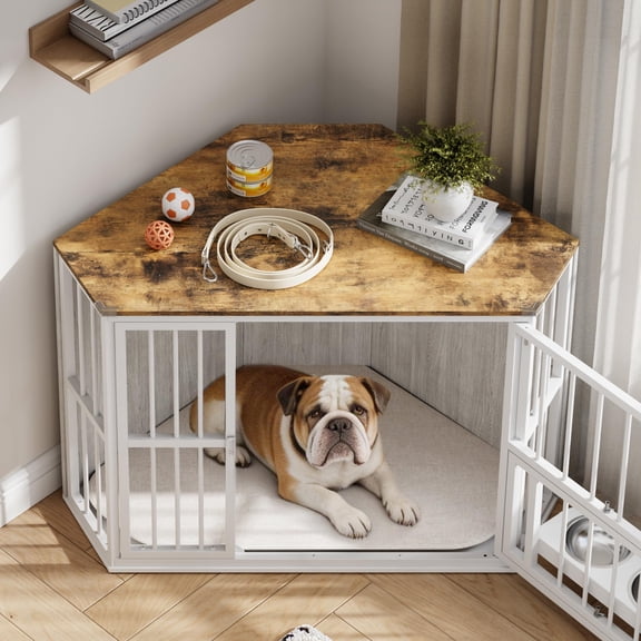 Space-Saving Corner Dog Crate Furniture – Indoor Wooden Kennel End Table with Feeding Bowls & Revolving Door – Decorative Pet Cage for Small Dogs – Vintage   White Iron Frame